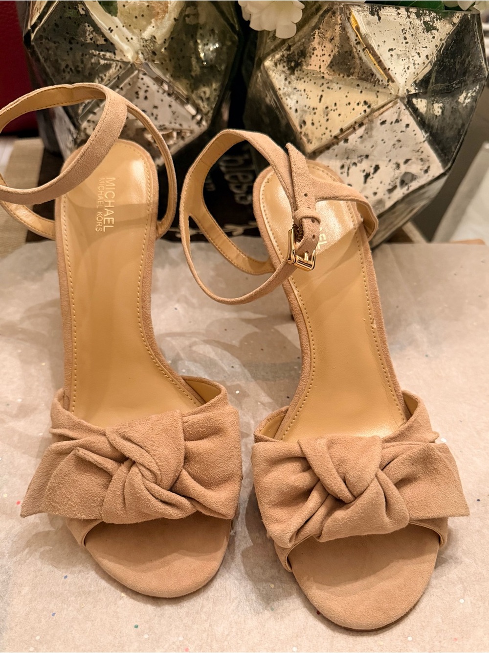 Michael Kors Beige/Tan Suede Knot Ankle Strap Heels